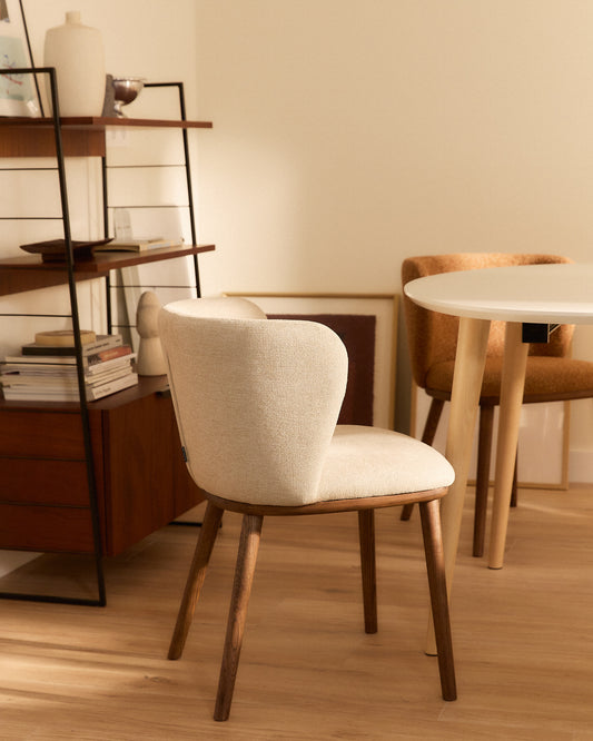 Ciselia beige chenille chair with solid ash wood legs with walnut-coloured finish FSC Mix Credit