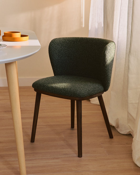 Ciselia dark green thick chenille chair with solid ash wood legs with walnut-coloured finish FSC Mix Credit