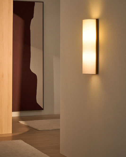 Umbran wall-mounted light fixture made from light brown rubberwood and beige linen