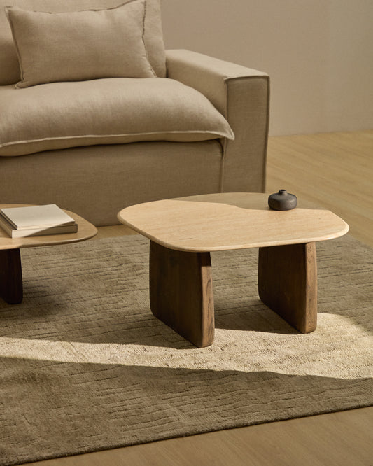 Pirita side table in beige travertine with solid oak wood legs with a dark finish 71 x 70cm FSC 100%