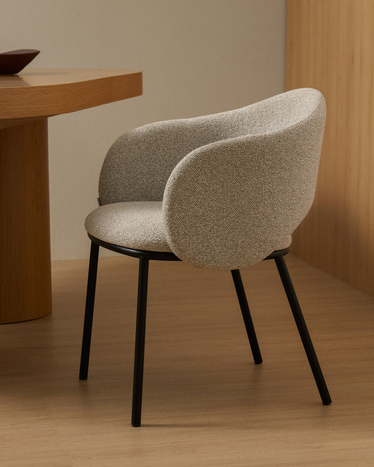 Maina chair in thick beige chenille with steel legs in a black finish, FSC Mix Credit