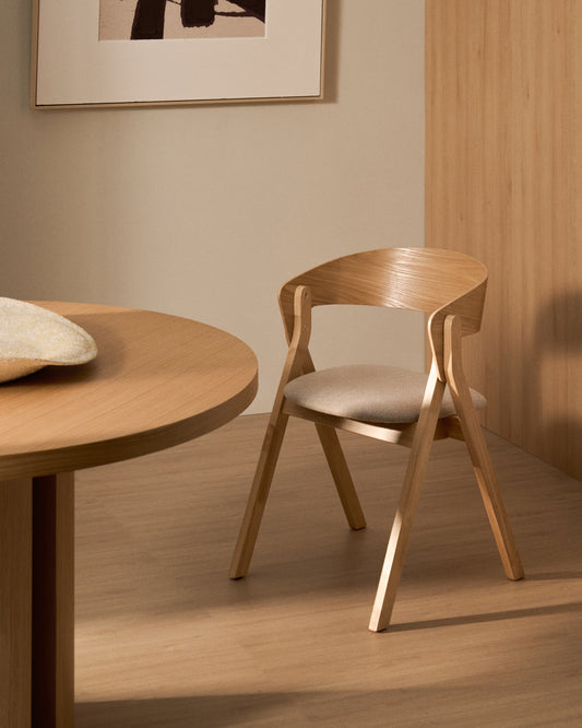 Godia chair in ash veneer with a natural finish and beige chenille
