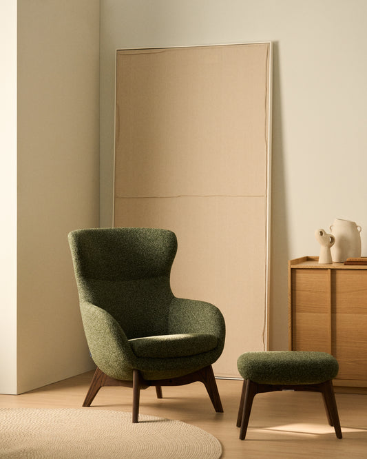 Adiran armchair in moss green thick chenille with solid oak wood legs with a walnut finish