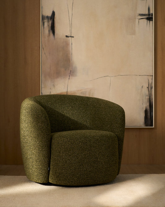 Odenia fire-retardant swivel armchair in olive green micro bouclé