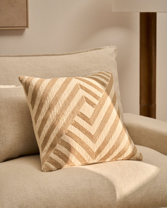 Silume ecru cotton cushion cover with beige jute embroidery 45 x 45cm
