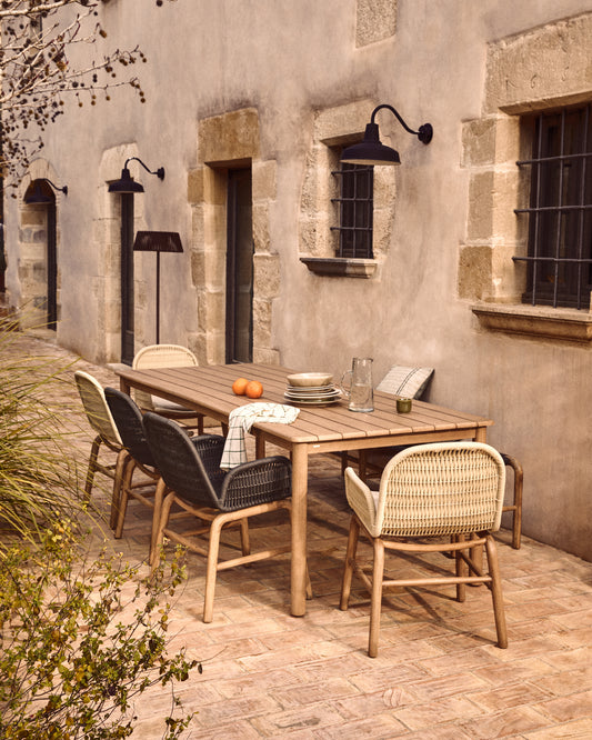 Set with Sori table in solid acacia wood and 6 Alipa chairs in ecru solid acacia wood and rope cord 200 x 100cm FSC 100%