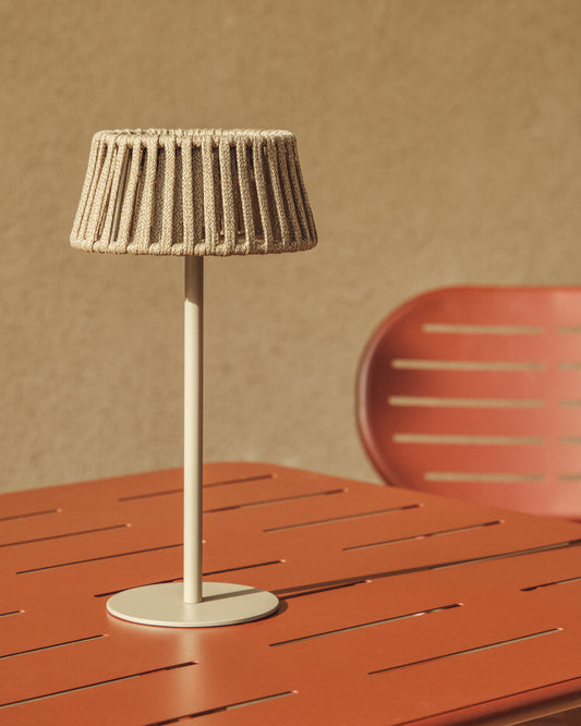 Aldet outdoor solar table lamp in beige flat rope cord with metal stand