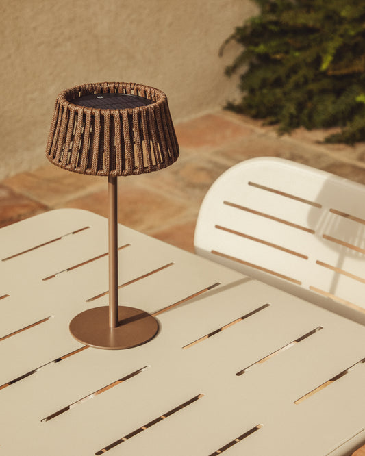 Aldet outdoor solar table lamp in brown flat rope cord with metal stand