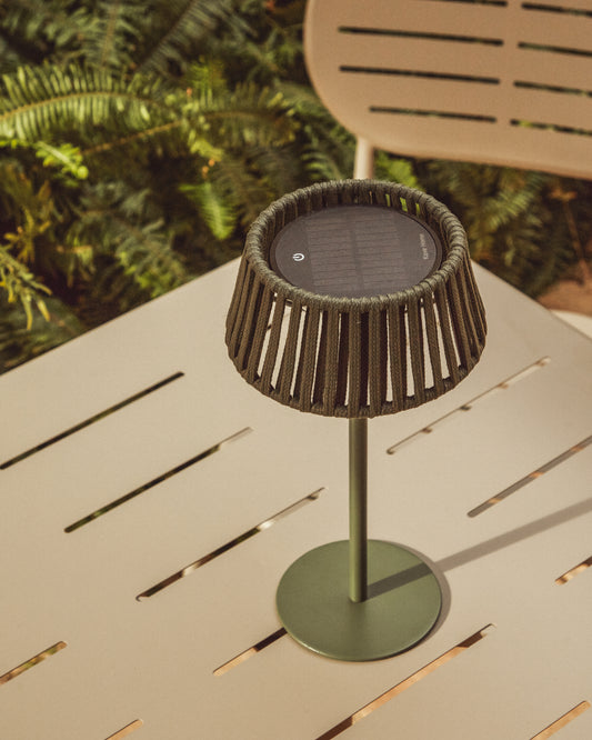 Aldet outdoor solar table lamp in green flat rope cord with metal stand