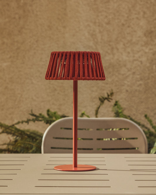 Aldet outdoor solar table lamp in terracotta flat rope cord with metal stand
