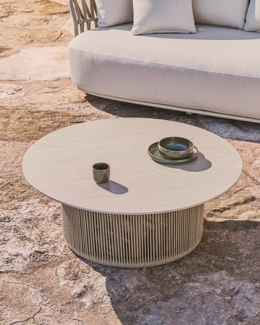 Orosei outdoor coffee table in sintered stone, ecru aluminium and beige rope Ø 90 cm
