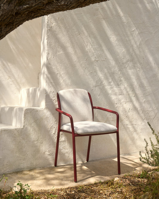 Linosa stackable outdoor chair in burgundy aluminium with beige cushion