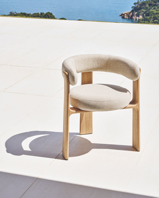 Granite 3-leg beige outdoor chair with FSC 100% solid teak wood legs in a natural finish
