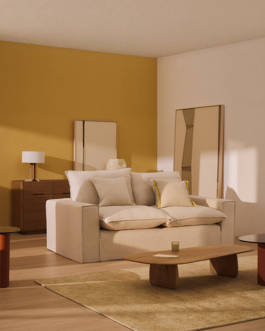 Anarela removable-cover 2-seater sofa with beige linen cushions FSC Mix Credit 240 cm.