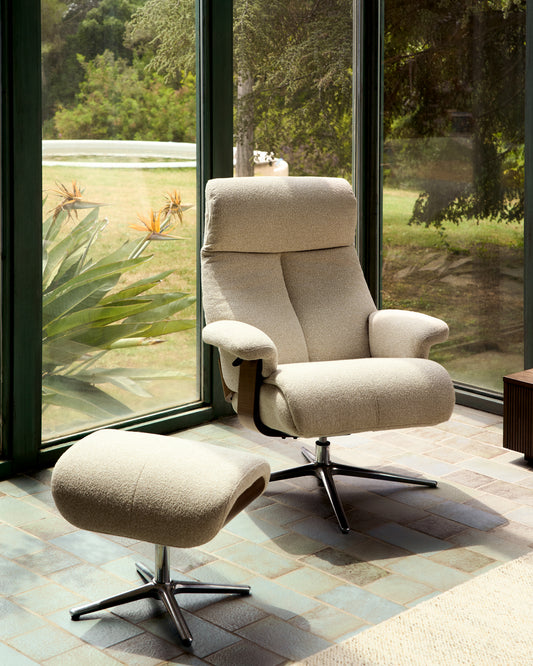 Toriel beige micro bouclé reclining swivel armchair with footrest and black-finish aluminium legs FSC Mix Credit