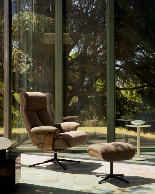 Toriel chocolate brown micro bouclé reclining swivel armchair with footrest and aluminium legs FSC Mix Credit