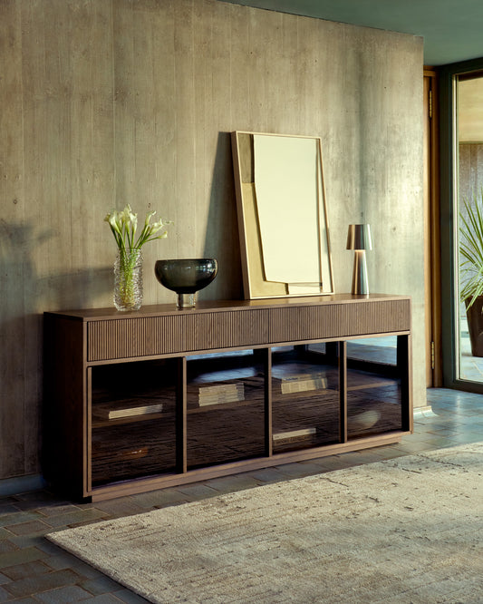 Helvine 4-door, 4-drawer sideboard in ash veneer with walnut finish and tempered glass 200 x 80cm FSC 100%