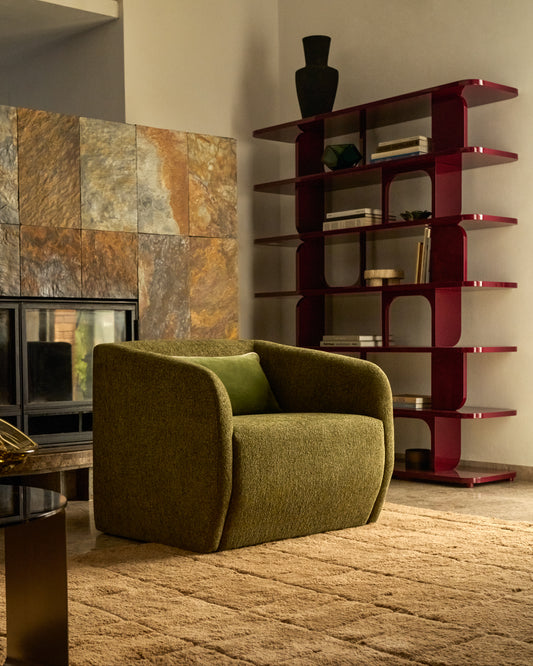 Milare armchair in olive green chenille 83 cm FSC 100%