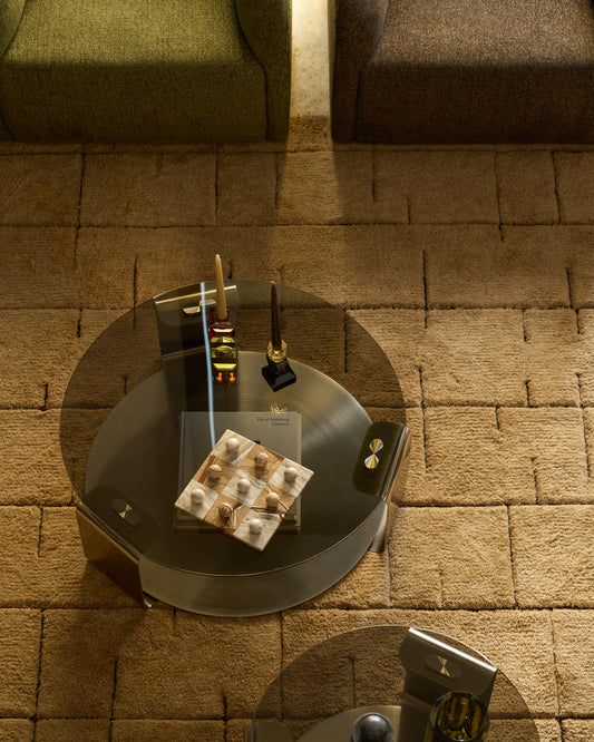 Dolven coffee table in brown glass and brushed steel Ø80cm