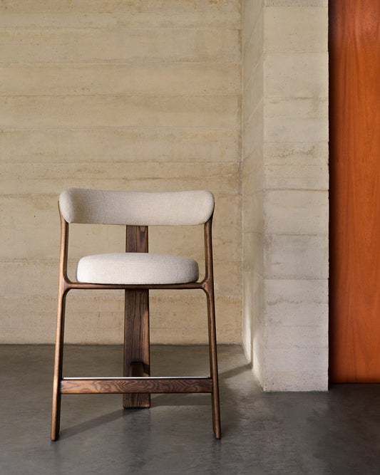 Granite stool with 3 legs in beige chenille and solid ash wood with walnut finish FSC 100% 65cm