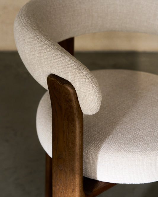Granite stool with 3 legs in beige chenille and solid ash wood with walnut finish FSC 100% 65cm
