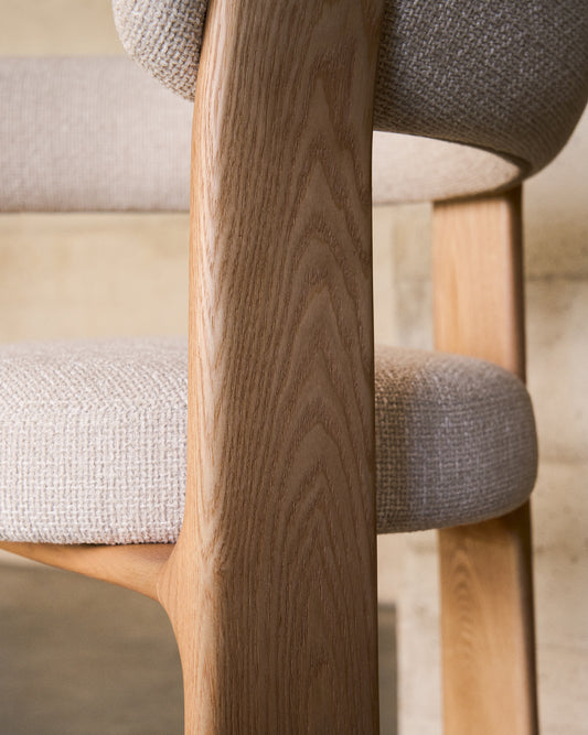 Granite stool with 3 legs in beige chenille and solid ash wood with natural finish FSC 100% 65cm.
