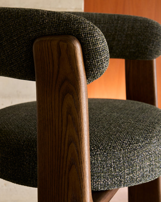 Granite stool with 3 legs in green chenille and solid ash wood with walnut finish FSC 100% 65cm.