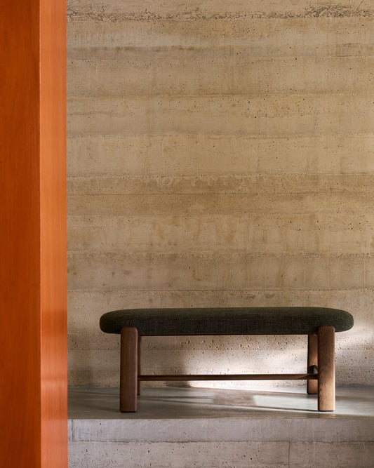 Granite bench in green chenille and solid ash wood with walnut finish 120cm FSC 100%