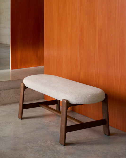 Granite bench in beige chenille and solid ash wood with walnut finish 120cm FSC 100%
