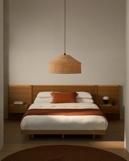 Norlen headboard with 2 bedside tables in oak veneer with natural finish and LED light for a bed up to 160 cm FSC Mix Credit