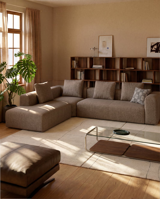 Blok brown chenille 5-seater corner sofa with right terminal 320 x 255cm FSC Mix Credit