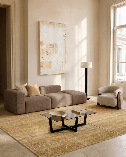 Blok 3-seater sofa with left armrest and end pouffe in brown chenille 270cm FSC Mix Credit