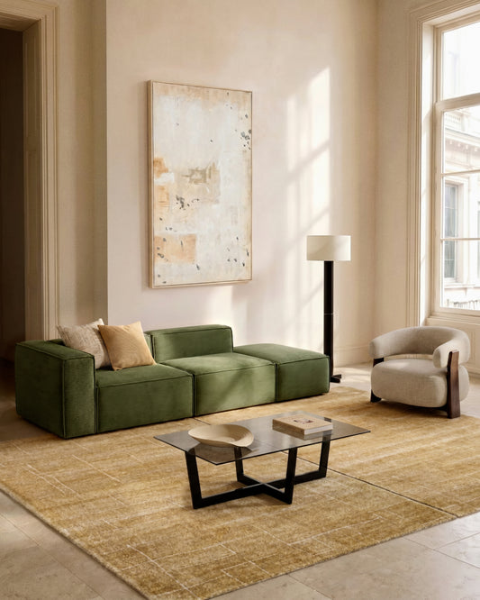 Blok 3-seater sofa with right armrest and end pouffe in thick green corduroy 270cm FSC Mix Credit