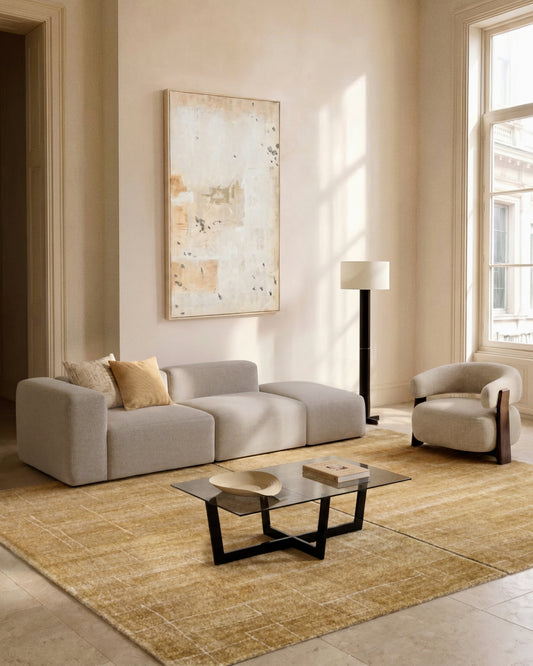 Blok 3-seater sofa with right armrest and end pouffe in beige chenille 270cm FSC Mix Credit