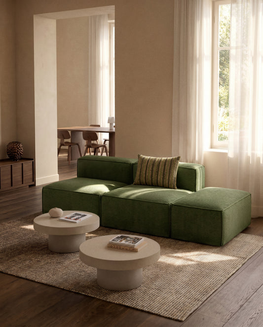 Blok 3-seater sofa with end pouffe in thick green corduroy 240cm FSC Mix Credit