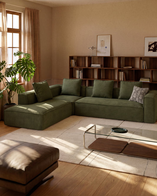 Blok 5-seater corner sofa with left terminal in green thick corduroy 255 x 320cm FSC Mix Credit
