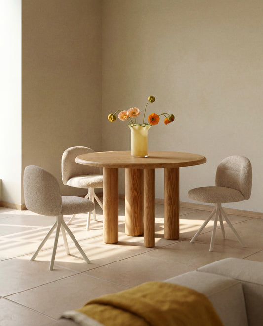 Arino beige chenille swivel chair with beige metal legs FSC 100%