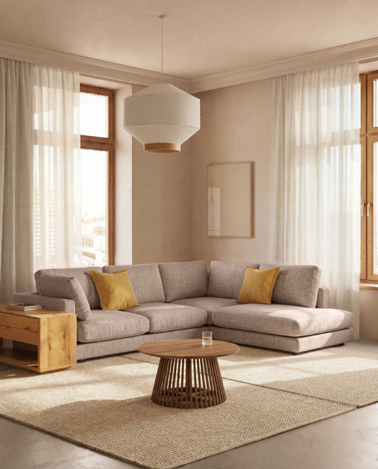 Gala 5-seater corner sofa with end module left side in beige micro bouclé FSC Mix Credit 225 x 300cm