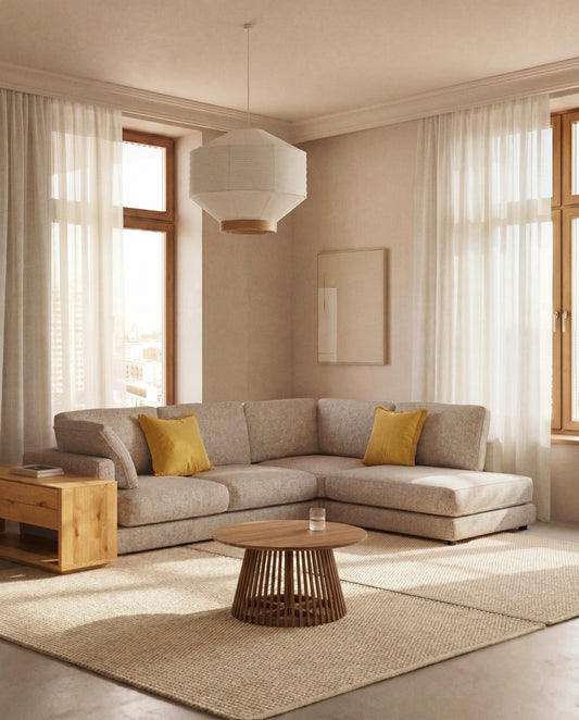 Gala 5-seater corner sofa with end module right side in beige micro bouclé FSC Mix Credit 300 x 225cm