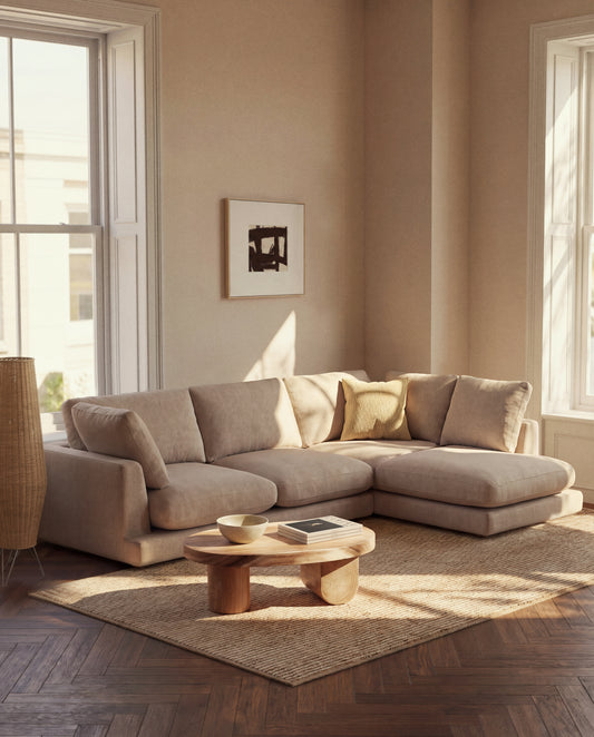 Gala beige 4-seater sofa in micro bouclé with right chaise longue FSC Mix Credit 300cm