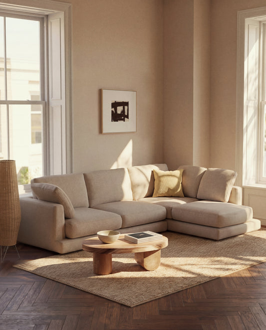 Gala beige 4-seater sofa in micro bouclé with right chaise longue FSC Mix Credit 300cm