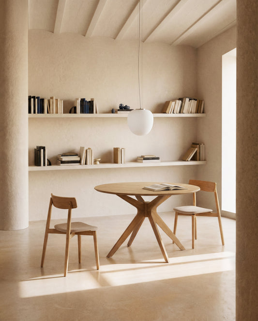 Evera chair in oak veneer with natural finish and beige chenille