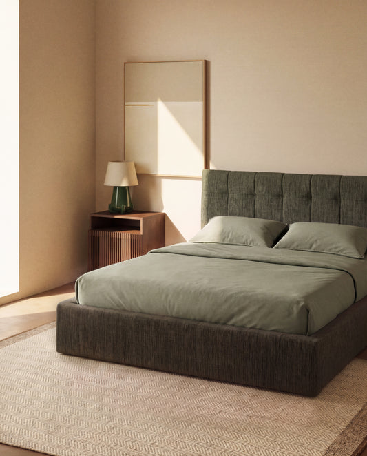 Darnela moss green chenille bed with folding storage base for 160 x 200cm mattress
