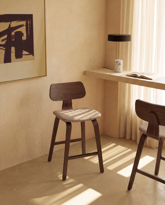 Gena stool in walnut veneer and beige chenille 65cm