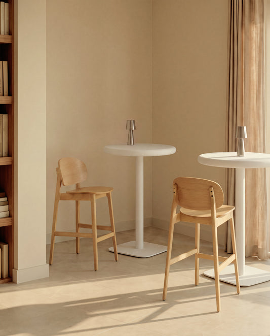 Dina outdoor tall round table with white cement top Ø70cm and white steel base 48x48x96cm