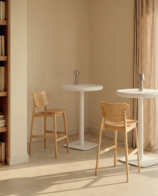 Dina outdoor tall round table with white cement top Ø70cm and white steel base 48x48x96cm