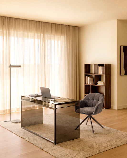 Adile desk in brown tempered glass and brushed steel 142 x 77 cm