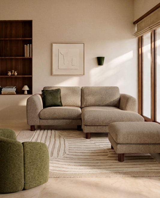Vera light brown 3-seater sofa with right-hand chaise longue with walnut-finish solid ash wood legs 232 cm FSC Mix Credit