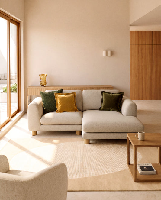 Vera beige 3-seater sofa with right-hand chaise longue with natural-finish solid ash wood legs 232 cm FSC Mix Credit