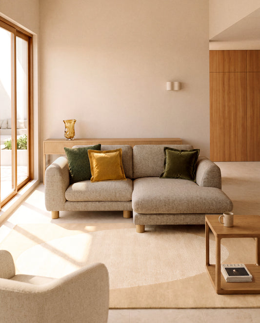 Vera light brown 3-seater sofa with right-hand chaise longue with natural-finish solid ash wood legs 232 cm FSC Mix Credit
